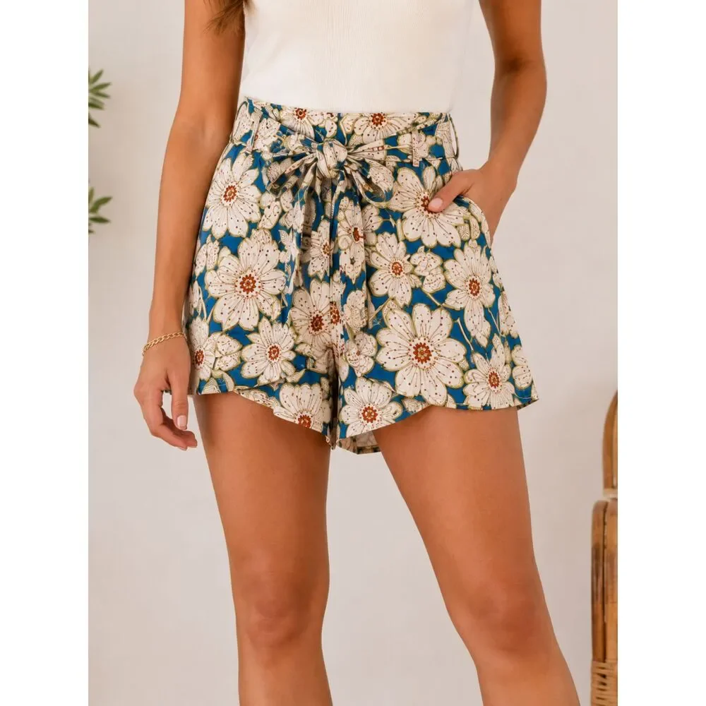 Anthropologie Floral Wrap Shorts XS Blue & Cream Tie Waist Boho Cottagecore - Picture 3 of 6